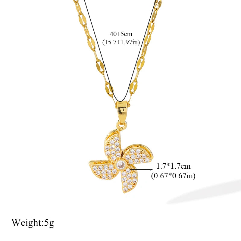 EILIECK New Fashion Stainless Steel Rotating Green Clover Zircon Necklace Bracelet Set For Women Trendy Waterproof Jewelry Gift