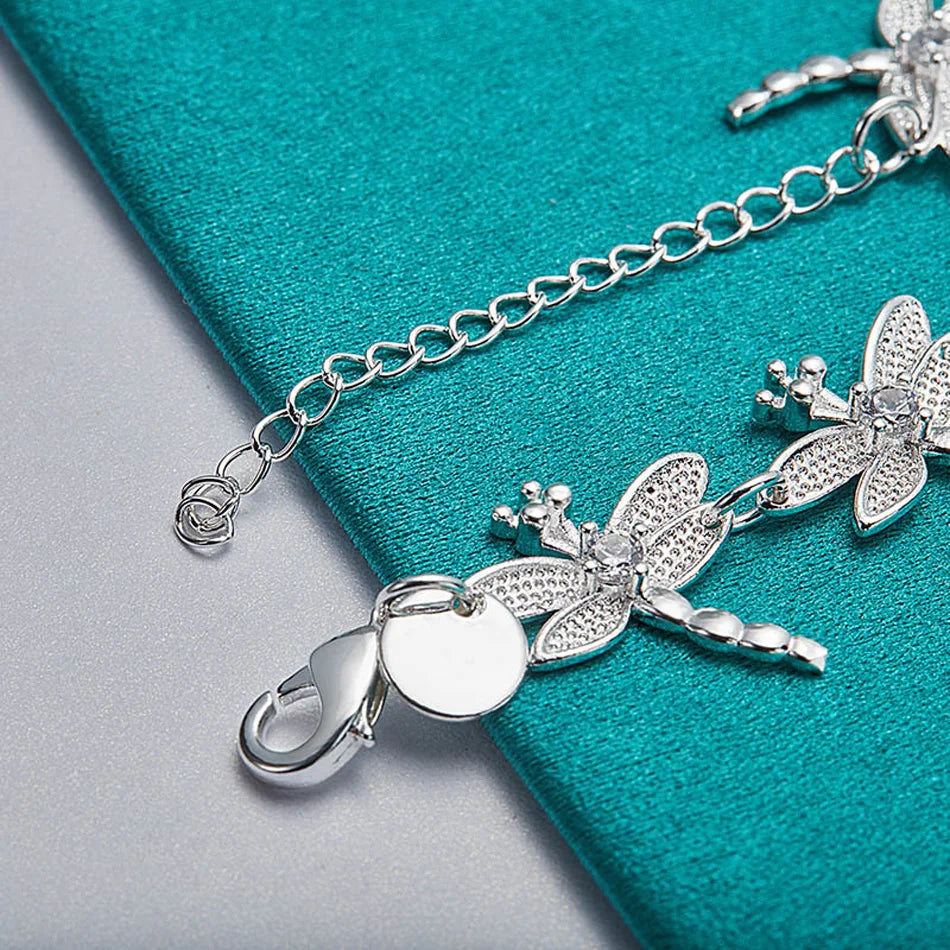 URMYLADY 925 Sterling Silver Dragonfly Necklace Bracelet Earring Ring Jewelry Set For Women Wedding Party Fashion Charm Gift
