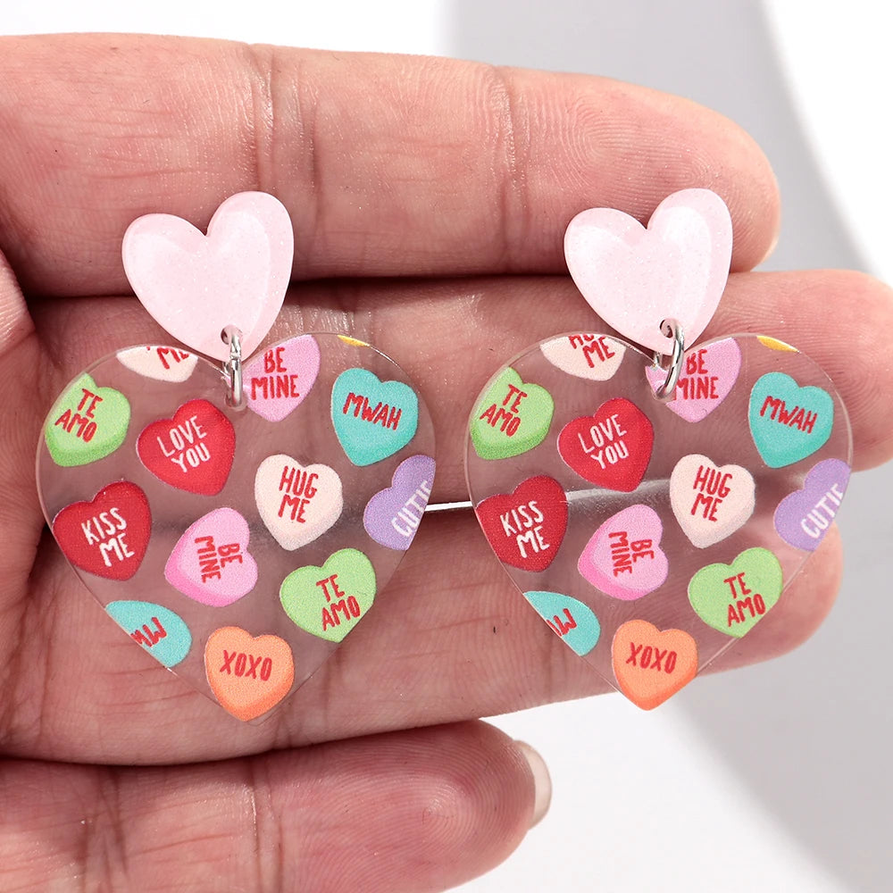 Sweet Acrylic Heart Love Message Drop Earrings for Women Resin Heart Shape Pendant Earrings Valentines Day Gifts