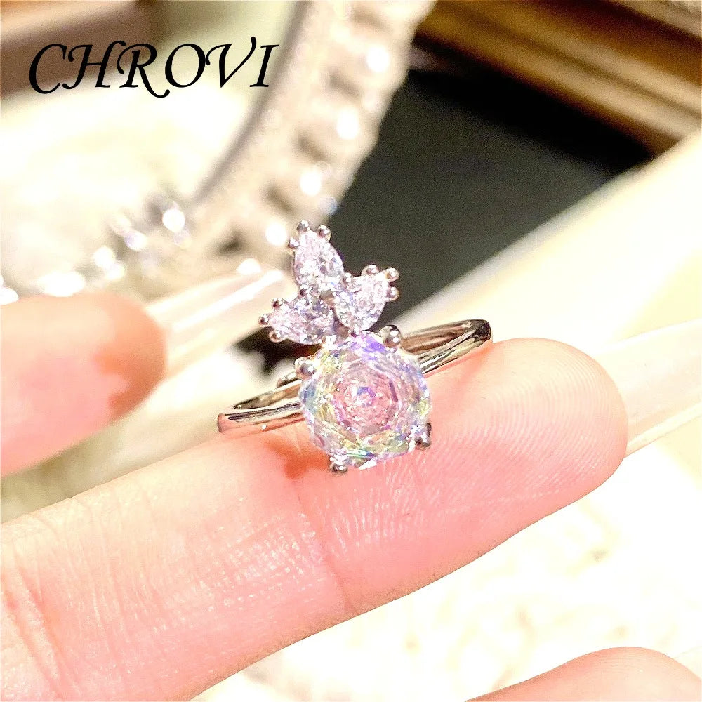 Luxury 925 Sterling Silver Millennium Rose Diamond Pendant Necklace, Diamond Ring and Stud Earring Set