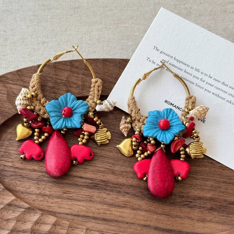 NISHIZAWA Bohemian Stones Earrings for Women Flowers Tassels Fashion Jewelry Elegant Beach Style Retro Aretes De Mujer