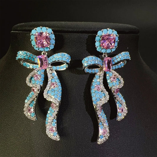 Vintage Elegant Luxury Bowknot Ribbon Zircon Earrings For Women Exquisite Rhinestone Bow Stud Earrings Wedding Party Jewelry