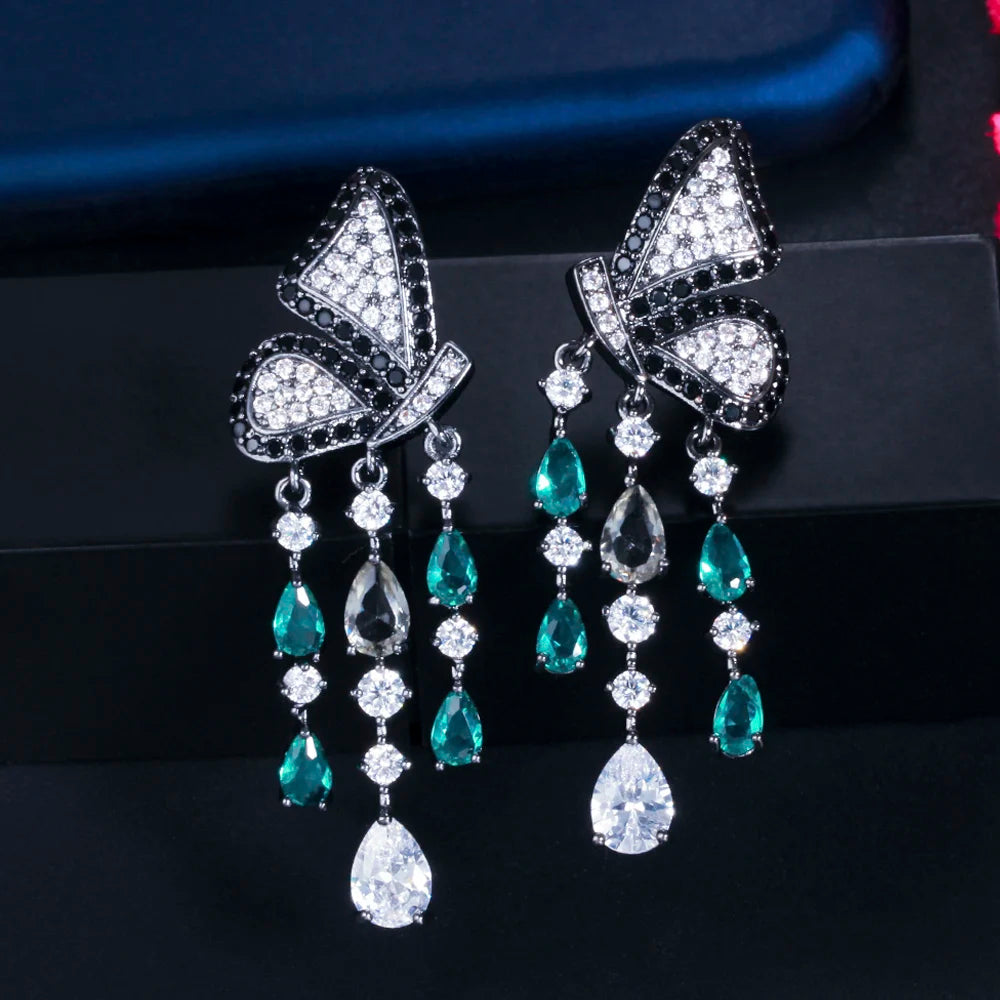 ThreeGraces Elegant Black Cubic Zirconia Butterfly Shape Long Dangle Tassel Earrings for Women New Fashion Party Jewelry E1281