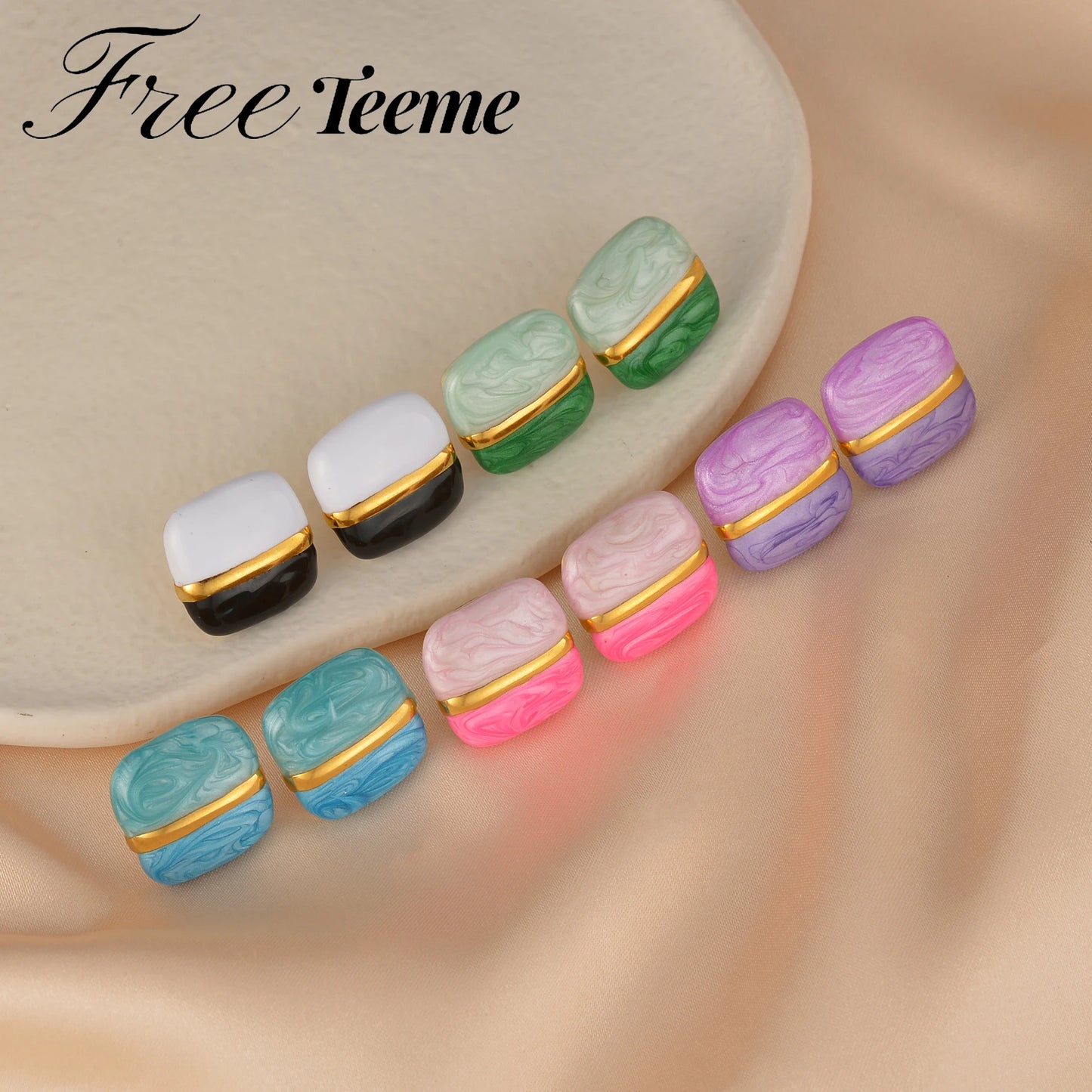 Freeteeme Trendy Color Blocking Square Earrings for Women Stainless Steel Statement Geometric Colorful Ear Stud Jewelry Gift