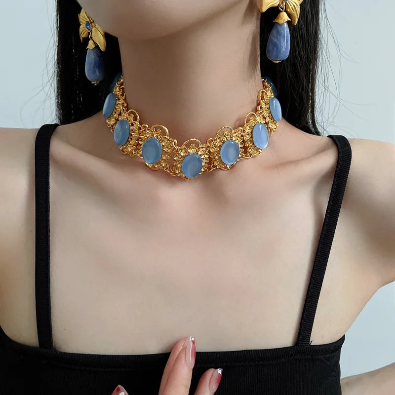 3 Pcs Bluey Rhinestone Square Bowknot Water Drop Dangle Earrings for Women Vintage Unique Design Necklaces Collar Jewelry Sets