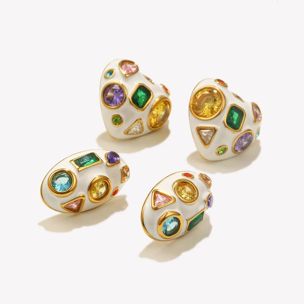 E.B.belle White Enamel Oval/Heart Coloful Geometric Zircon 18K Gold Plated Stainless Steel Women Party Statement Jewelry Gifts