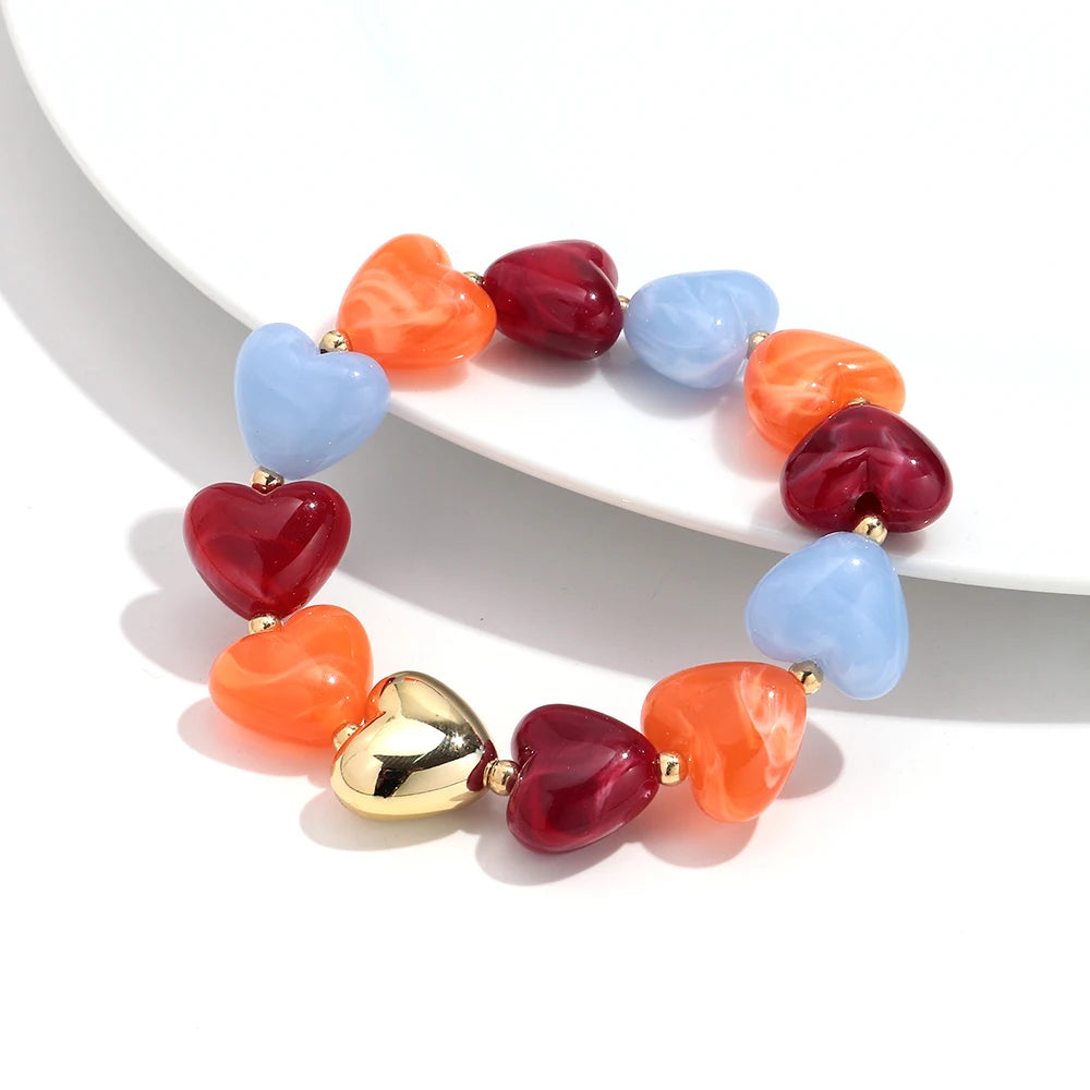 Sweet Resin Love Heart Beads Elastic Bracelets for Women Cute Geometric Heart Shape Stretch Bracelet Party Jewelry Gifts