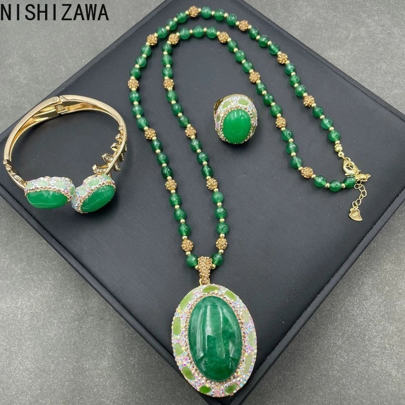 NISHIZAWA Green Gemstones Rings for Women Geometric Turkish Style Fashion Jewelry Light Luxury Elegant Anillos Mujer