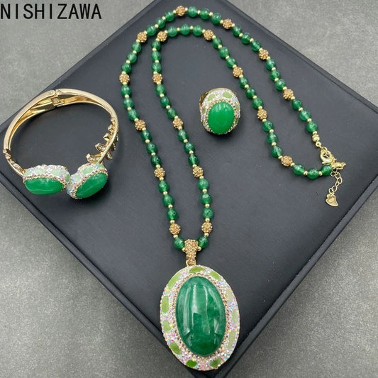 NISHIZAWA Green Gemstones Rings for Women Geometric Turkish Style Fashion Jewelry Light Luxury Elegant Anillos Mujer