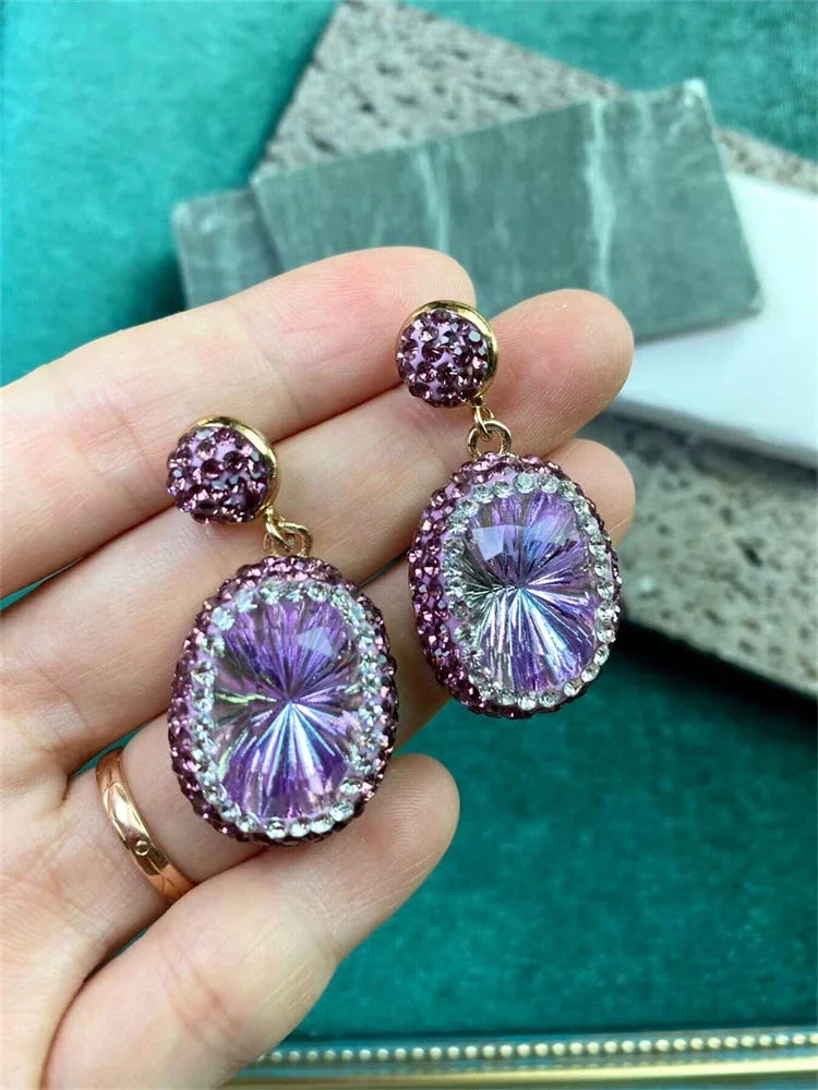 Fashion Large Purple Crystsal Dangle Earrings Cushion Cut Crystal Clay Rhinestone Crystal Jewelry for Women Party Wedding Golden