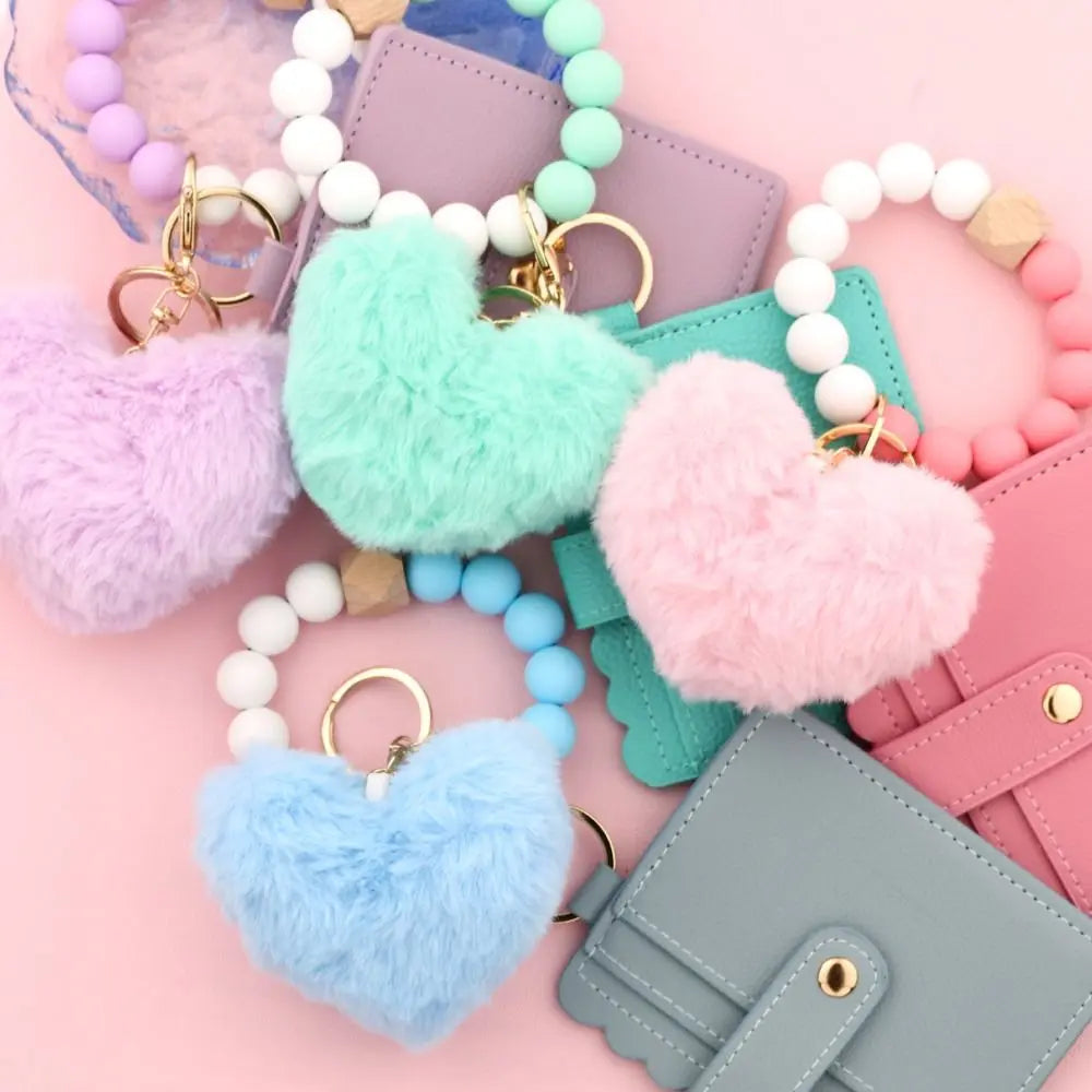 Solid Leather Leather Card Bag Keychain Tassel Design Silicone Beaded Wristlet Keychain Keychain Feature Wristlet Style