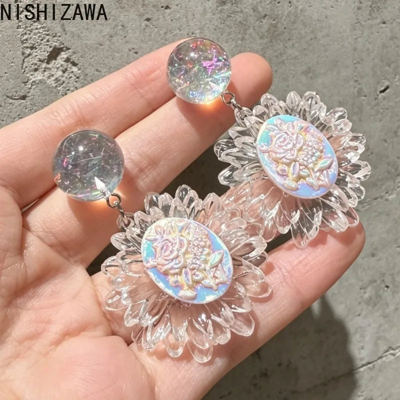 Transparent Flowers Women Earrings Sweet Light Luxury Fashion Jewelry Elegant Vintage Palace Style Pendientes Mujer