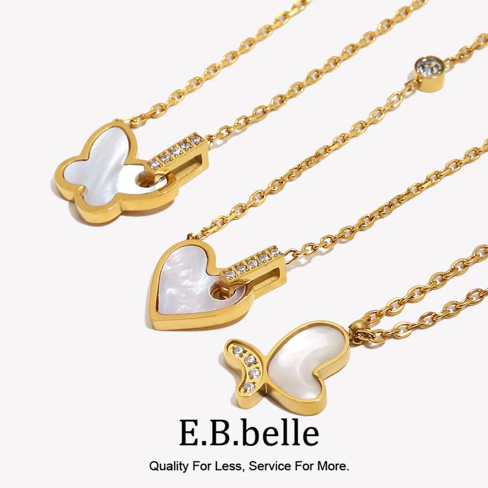 E.B.belle Heart Butterfly Pendant Chain Necklace 18K Gold Plated Stainless Steel Women's Necklaces Minimalist Chain Jewelry Gift