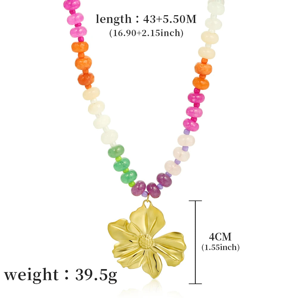 Badu Rainbow Gemstone Stainless Steel Flower Heart Shape Pendant Necklace for Women Boho Vacation Party Jewelry Gift Waterproof