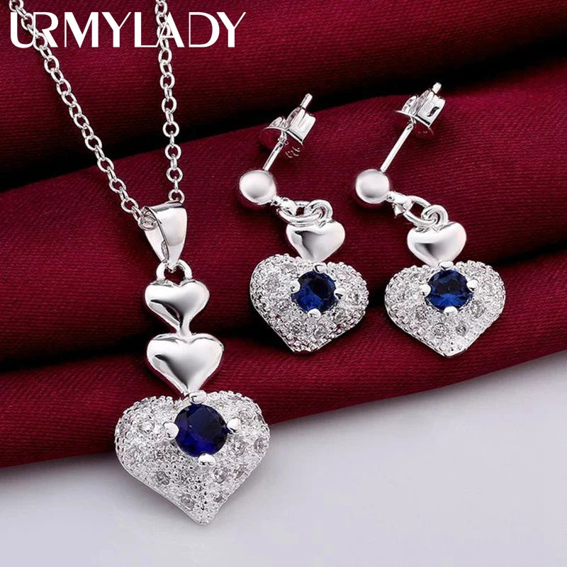Hot Noble blue crystal heart 925 sterling Silver pendant necklace earring Jewelry sets for Woman classic fashion party fine gift