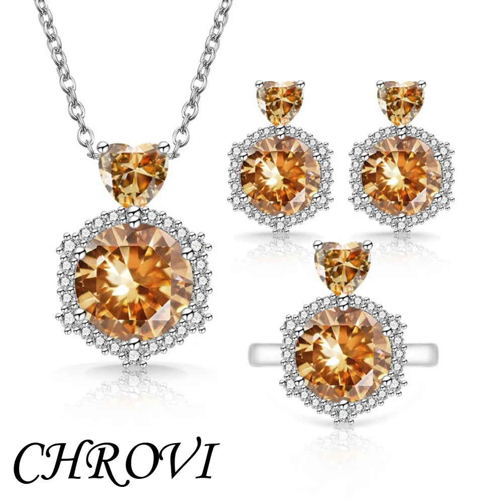 Luxury-Style 925 Sterling Silver New Color-Brightened Luxury Ring, Earrings, Necklace Women's Set