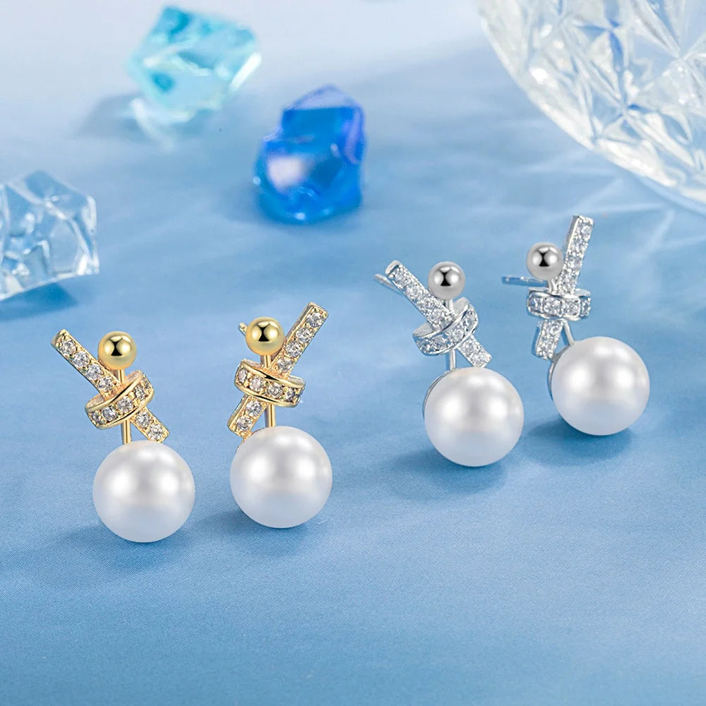 Luxury Charm Female White Zircon Oval Pearl Stud Earrings Gold Silver Color Wedding Jewelry For Women