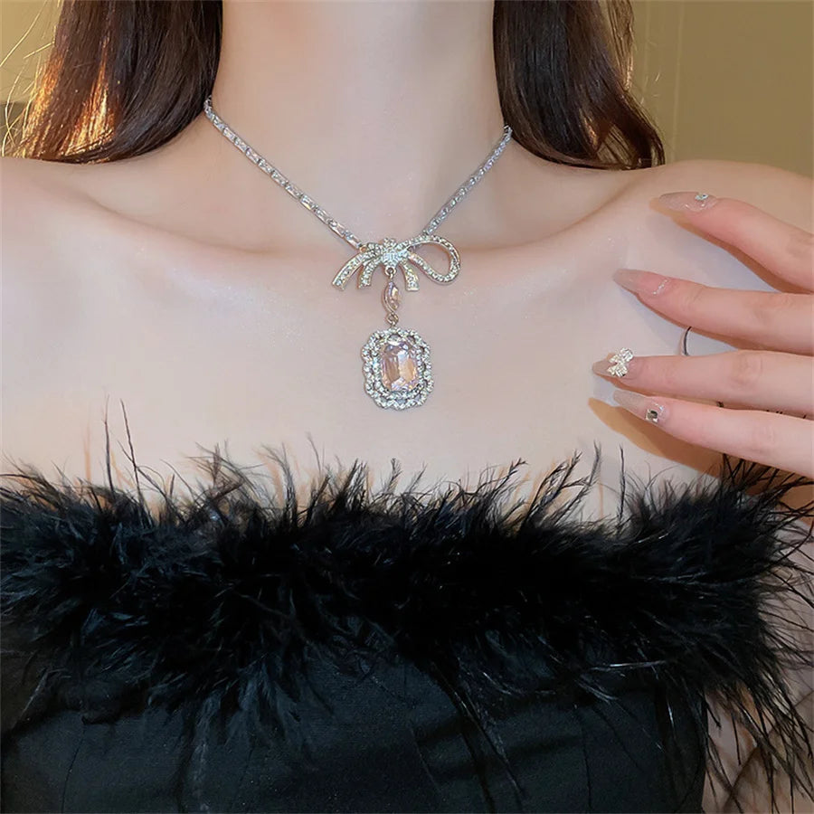 Sweet Square Pink Crystal Necklace Earrings for Women Girls Bowknot Earrings Wedding Bride Jewelry Sets Accessories