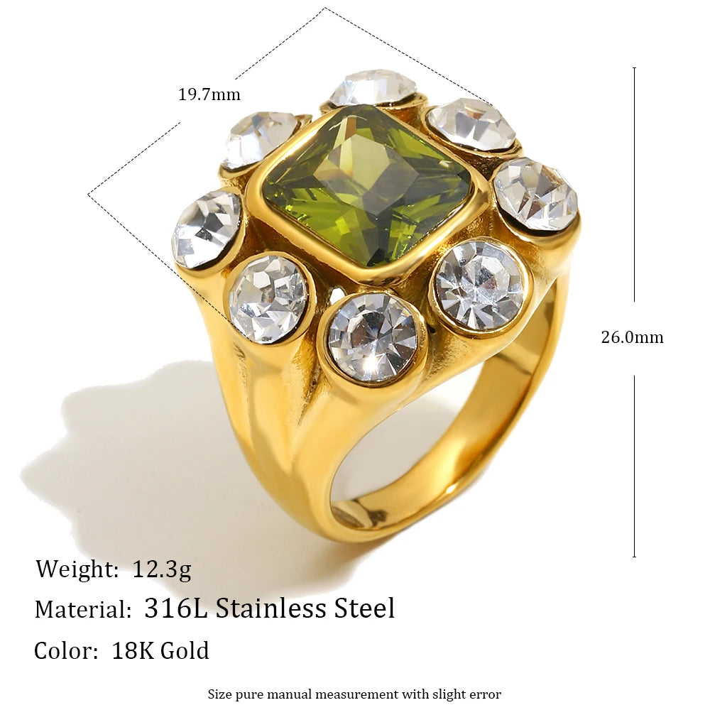 E.B.belle Party Shiny Flower Luxury Clear Green Zircon Ring Stainless Steel PVD Plated Fashion Women Stetement Jewelry
