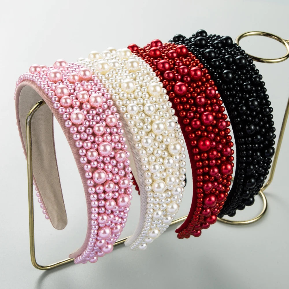 Temperament Handmade Korean Headband Pearl Wide Edge High end Fashion Versatile Hair Band