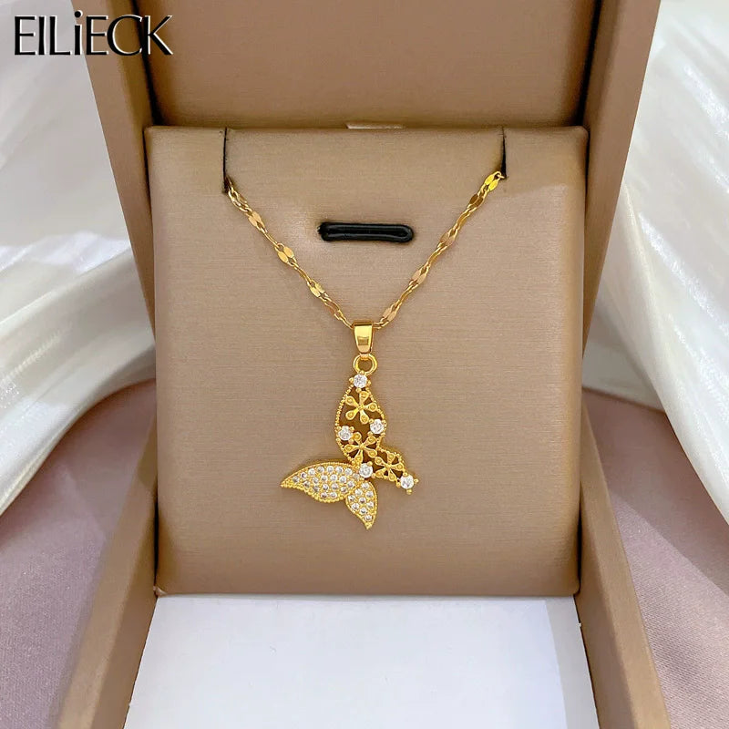 EILIECK 316L Stainless Steel Shine Cubic Zircon Butterfly Pendant Necklace Gold Color Texture Metal Personalized Chain Jewelry