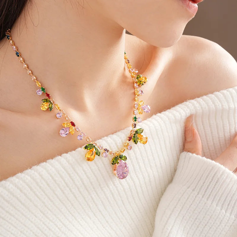 Colorful Zircon Flowers Water Drop Earrings Pendant Necklace Women's Charm Elegant Fashion Jewelry Set Accessories Party Dress G