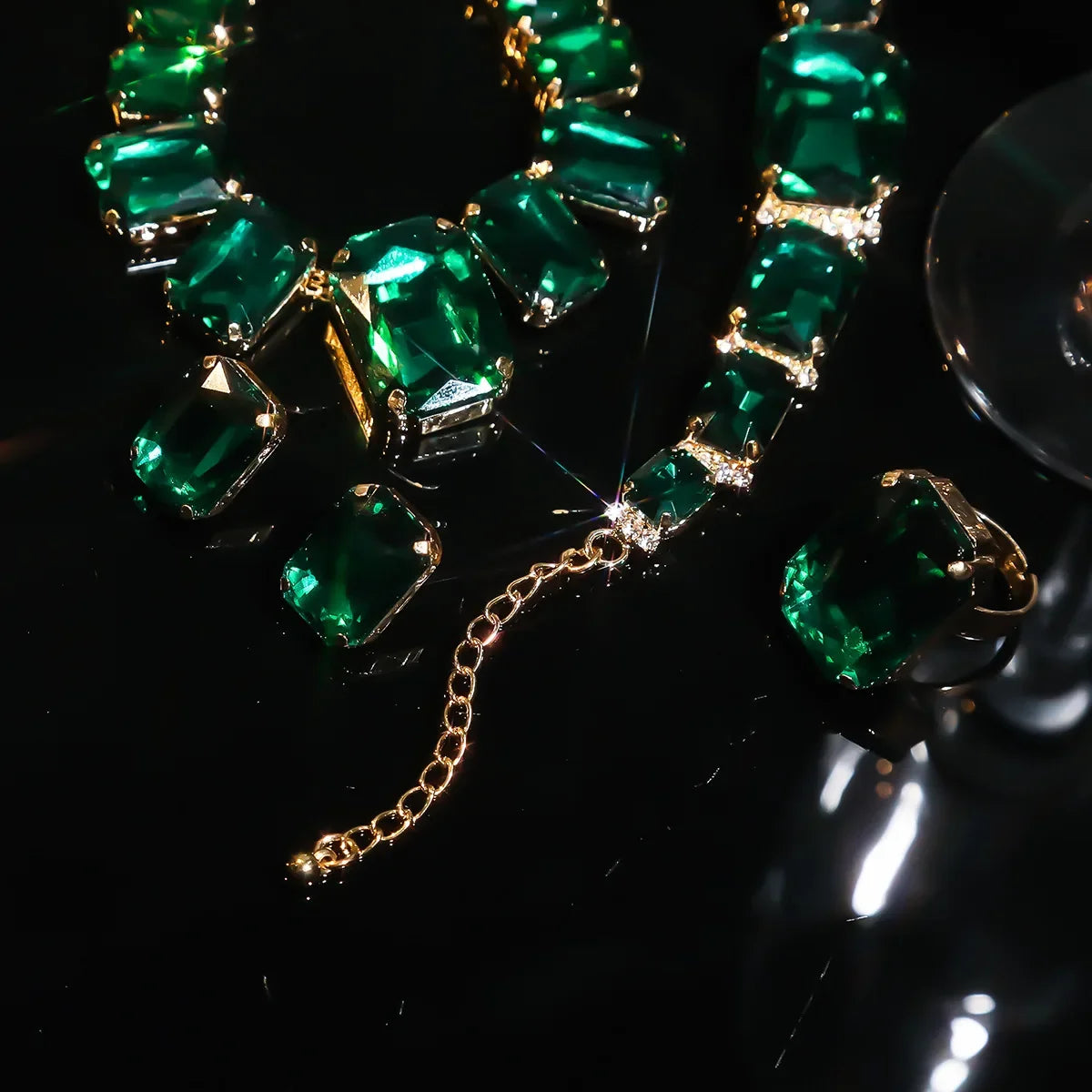 FYUAN Red Champagne Green Rectangle Geometric Necklace Earrings Bracelet Crystal Earrings for Women Wedding Jewelry Sets