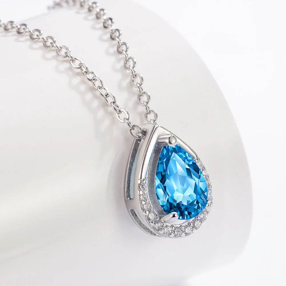 925 Sterling Silver Teardrop Shape Blue CZ Pendant Necklace Earrings Set for Women Wedding Necklace Gift Jewelry