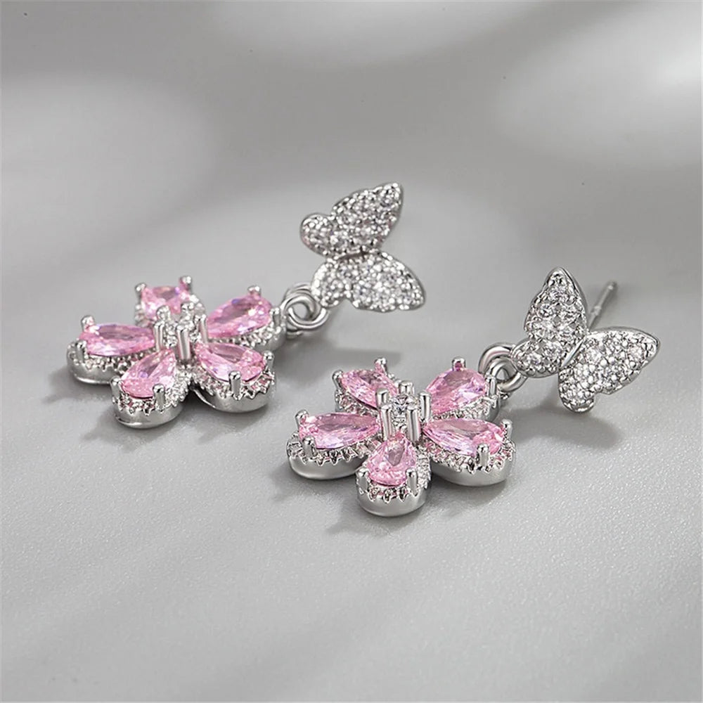 Cute Female Pink Zircon Stone Silver Color Stud Flower Earrings Lovely Bridal Wedding Jewelry For Women