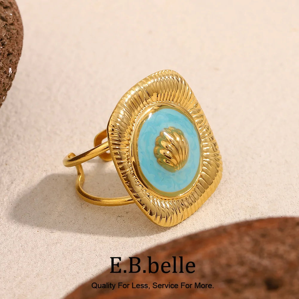 E.B.belle New Design Blue Drop Oil Square Shell Trendy Women's Earrings Rings 18K Gold Plated Stainless Steel Jewelry Set