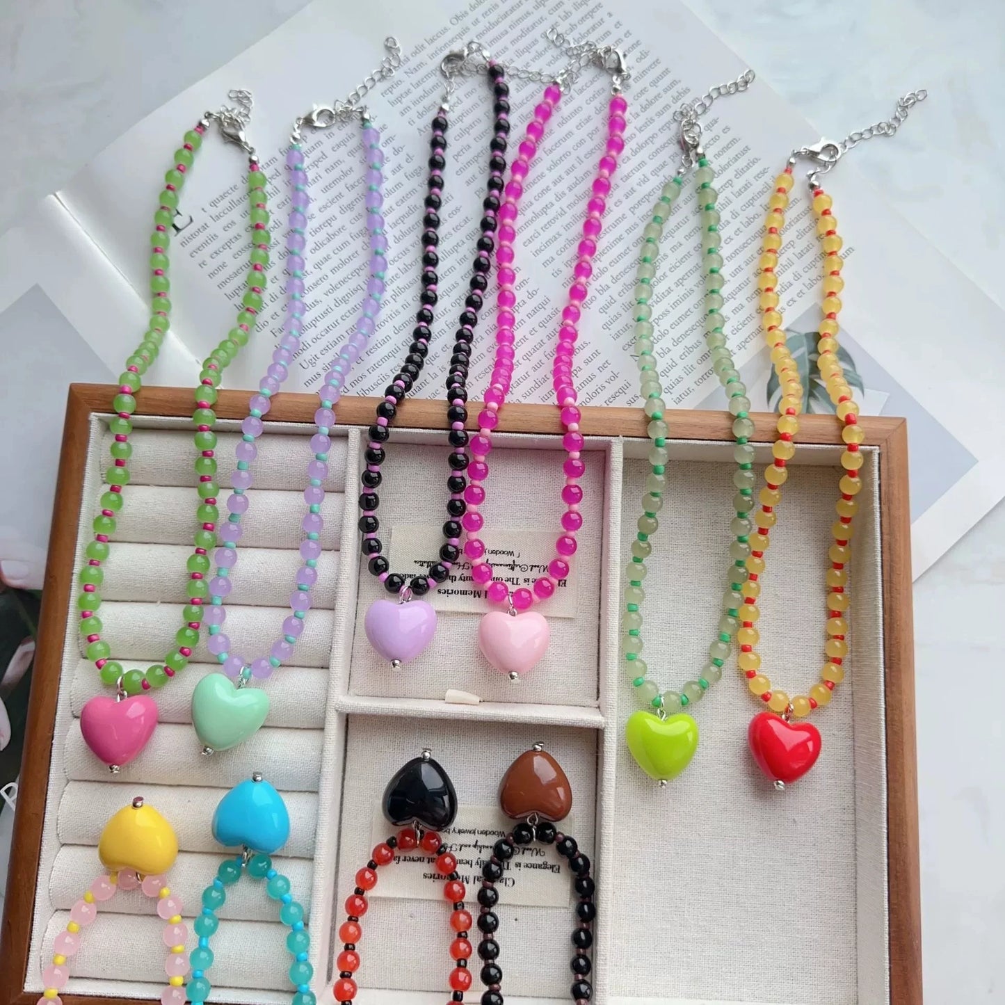 2026 Trendy Cute Candy Color Heart Pendant Glass Beaded Chain Choker Necklace For Women Girls Aesthetic Fashion Neck Accessories