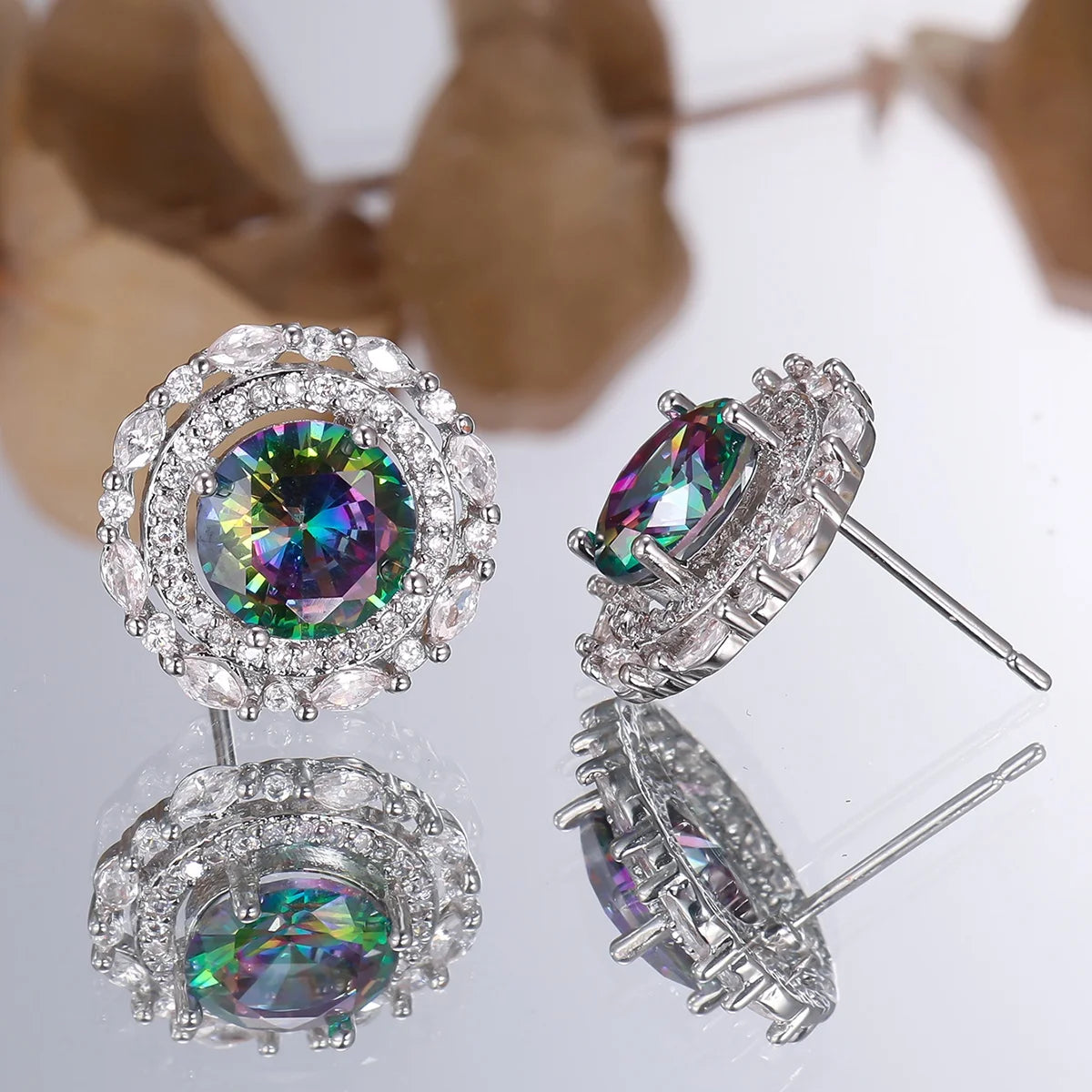 Small Round White Rainbow Zircon Stone New Stud Earrings For Charm Women Silver Color Wedding Jewelry Earring Mother's Day Gifts
