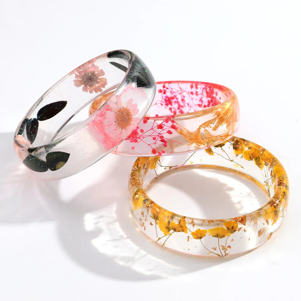 Vintage Dried Flowers Transparent Resin Chunky Bangles New Stackable Cuff Bangle Bracelets for Women Charm Jewelry