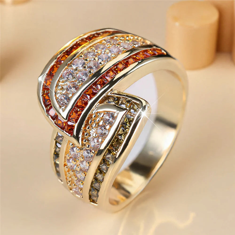 Cute Female White Zircon Stone Gold Color Wedding Jewelry Promise Engagement Wheat Rings For Women
