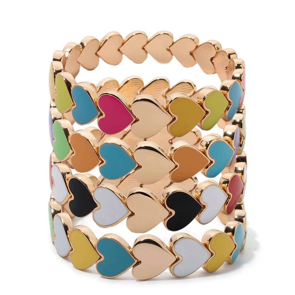 BEUTIFOR Drop Oil Love Shape Beaded Elastic Bracelets For Women Colorful Boho Beads Chunky Peach Love Wrist Accessory