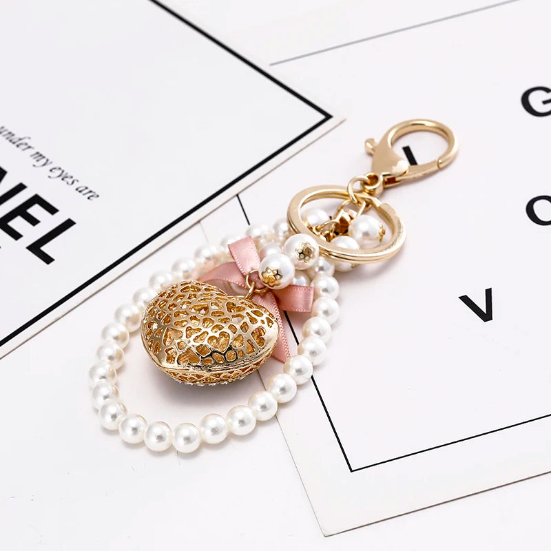 Pink Bow Love Pearl Chain KeyChain Sparkling Crystal Women's Luxury Handbag Pendant Car Key Ring