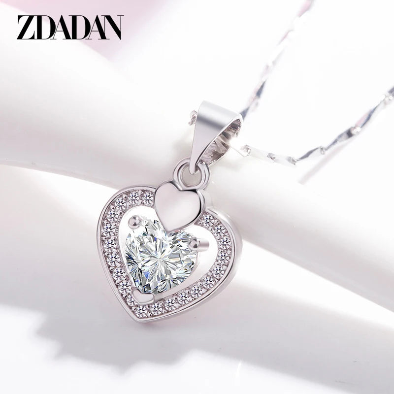 ZDADAN 925 Sterling Silver Heart Purple Crystal Pendant Necklace Chains For Women Fashion Wedding Jewelry