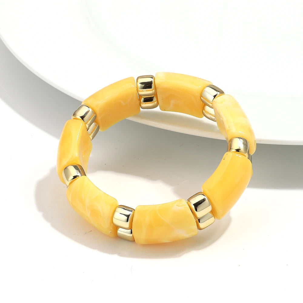 Vintage Acrylic Marbled Elastic Beads Bangle Bracelets for Women Fashion Golden CCB Round Beaded Cuff Bracelet Jewelry Gifts