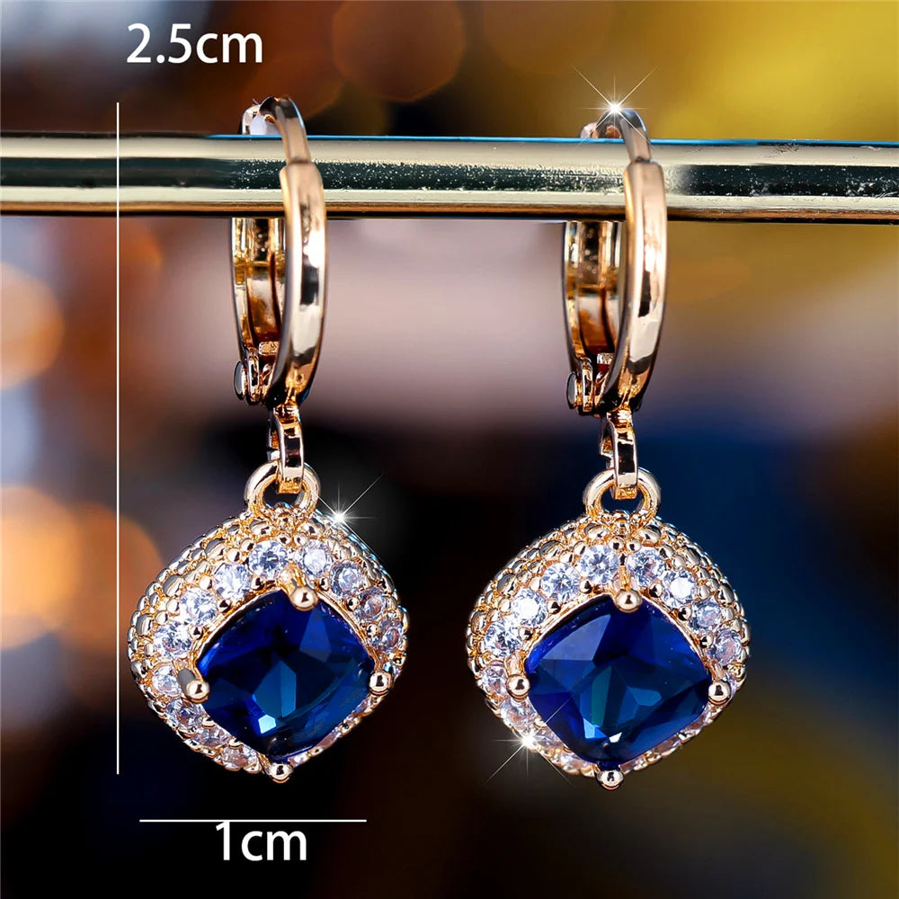 Cute Female Blue Zircon Stone Square Hoop Earrings Fashion Female Gold Color Wedding Jewelry For Women