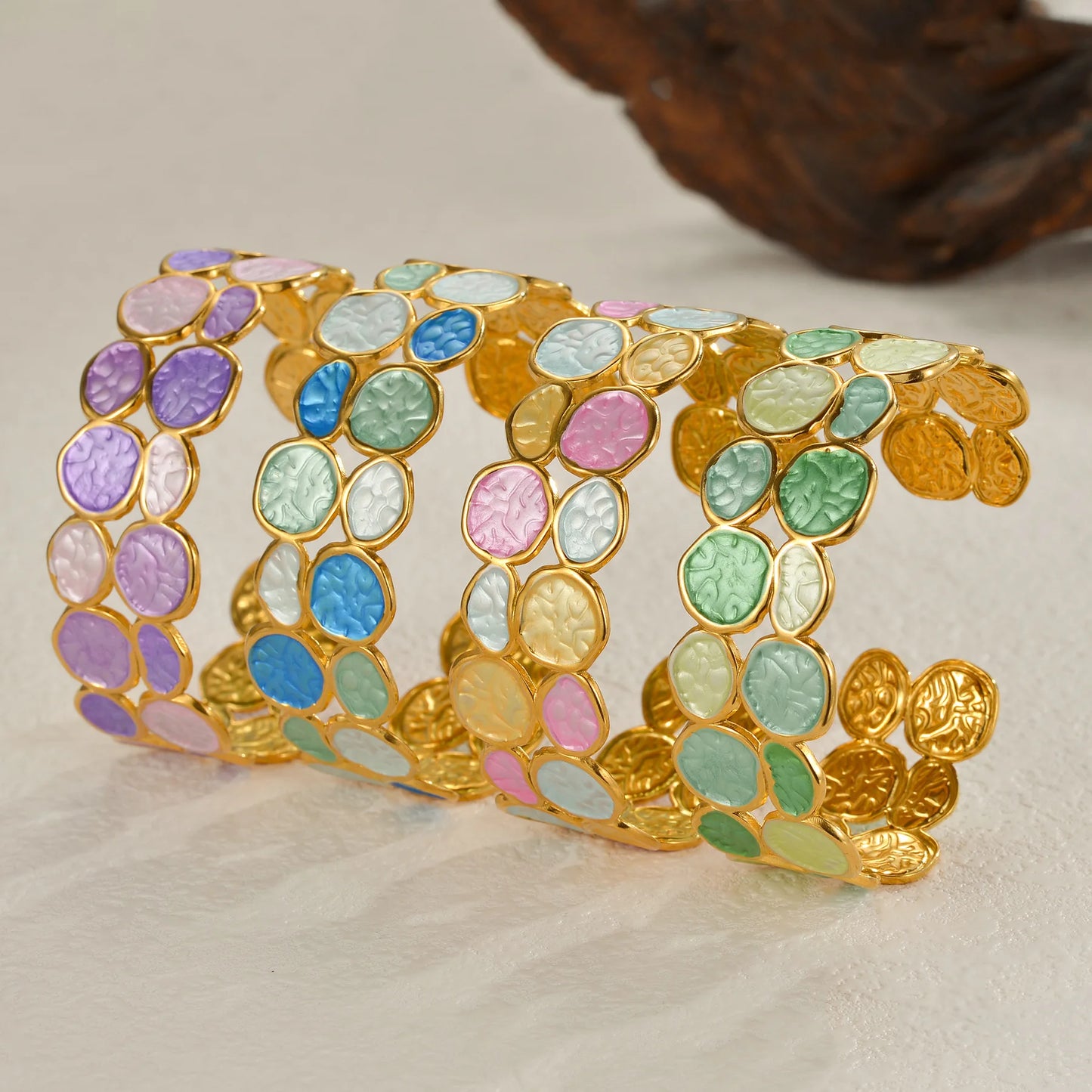 Freeteeme Fashion Stainless Steel Double Circle Link Open Bangle for Women Men Gold Color Cuff Bracelet Colorful Jewelry Gifts