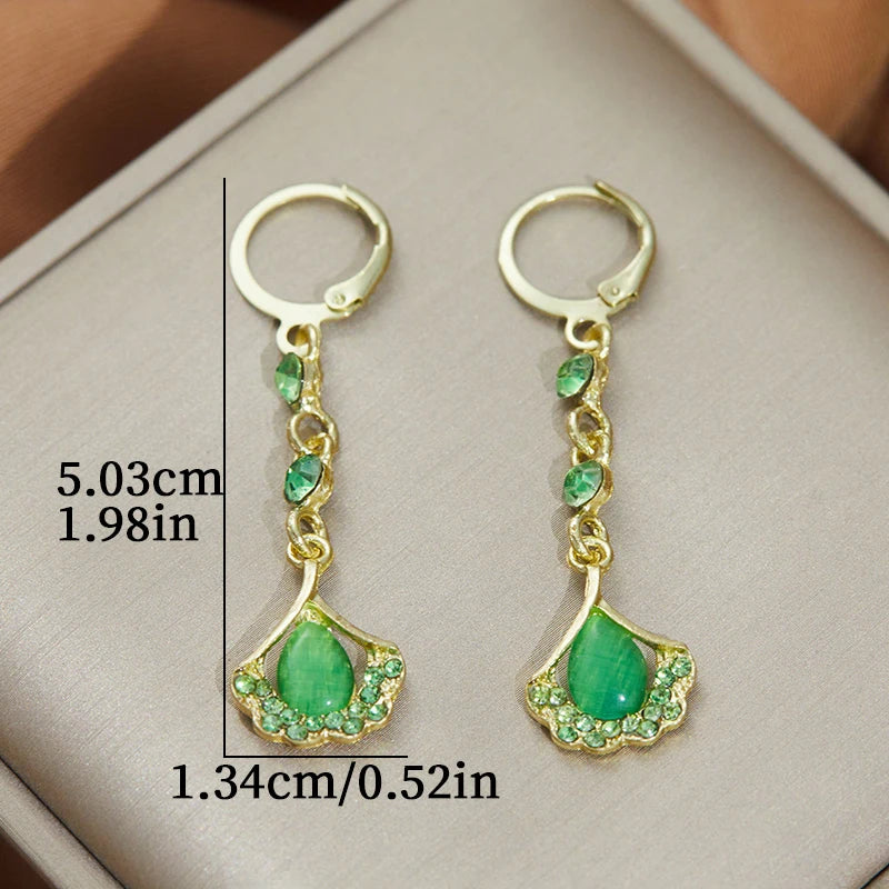 Exquisite Green Rhinestone Opal Tassel Earrings for Women Fashion Beautiful Daily Accessories Party Jewelry Gifts for Girlfriend