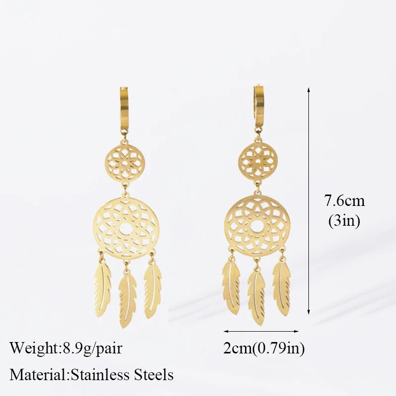 EILIECK 316L Stainless Steel Zircon Feather FOREVER Pendant Earrings For Women Fashion Ear Dangle Gold-Plated Jewelry Gift