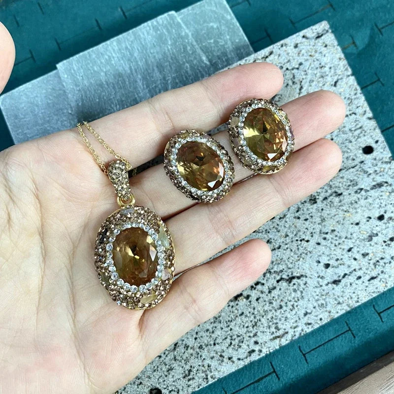 Unique Sudan Stone Crystal Charm Necklace Stud Earring Set Sultanite Color Change Tourmaline Waterdrop Zultanite Jewelry Sets