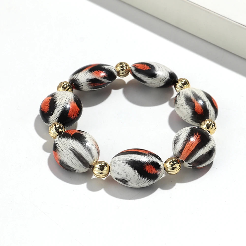 Personality Leopard Print Irregular Beaded Stretch Bangles Bracelets Retro Acrylic Geometric Beads Bracelet Women Jewelry