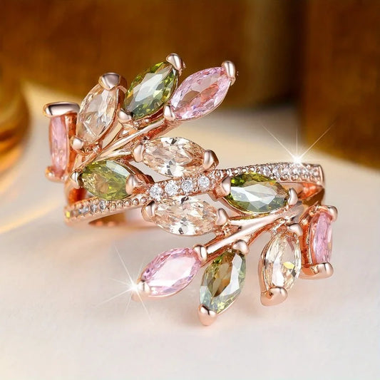 Rainbow Zircon Marquise Tree Leaf Opening Rings For Women Vintage Rose Gold Silver Color Ring Wedding Jewelry Mother's Day Gifts