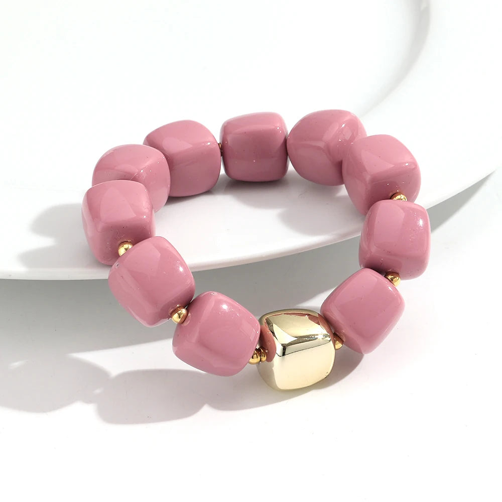 Trendy Colorful Square Beads Elastic Bangle Bracelets New Resin Geometric Beaded Stackable Bracelet 2026 Spring Summer Jewelry