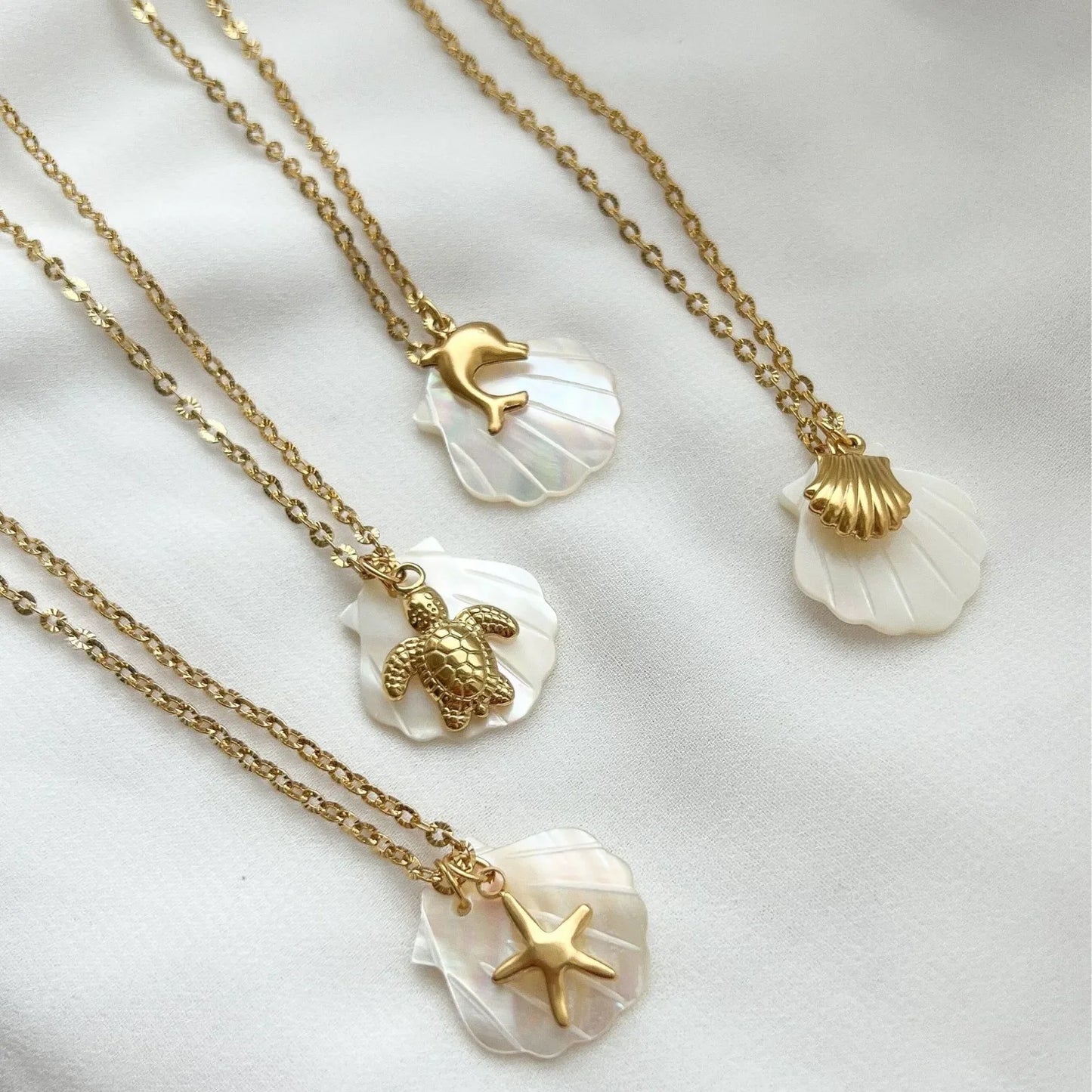 Boho Big White Shell Pendant Neckalce Gold Color Conch Sea Turtle Star Stainless Steel Choker Waterproof Beach Summer Jewelry