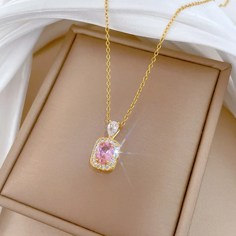 316L Stainless Steel Pink Crystal Pearl Charm Necklace Earrings For Women Girl New Trend Non-fading Jewelry Set Gift