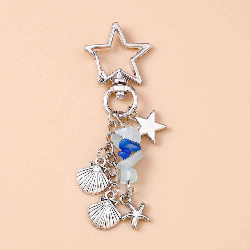 Summer Beach Mermaid Shell Starfish Keychain Women Girls Pearl Love Heart Key Ring Pendants for Handbag Decor DIY Jewelry Gifts