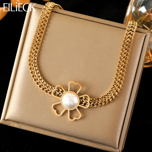 EILIECK 316L Stainless Steel Large Flower White Pearl Necklace For Women Fashion New Party Gift Neck Chain Waterproof Jewelry